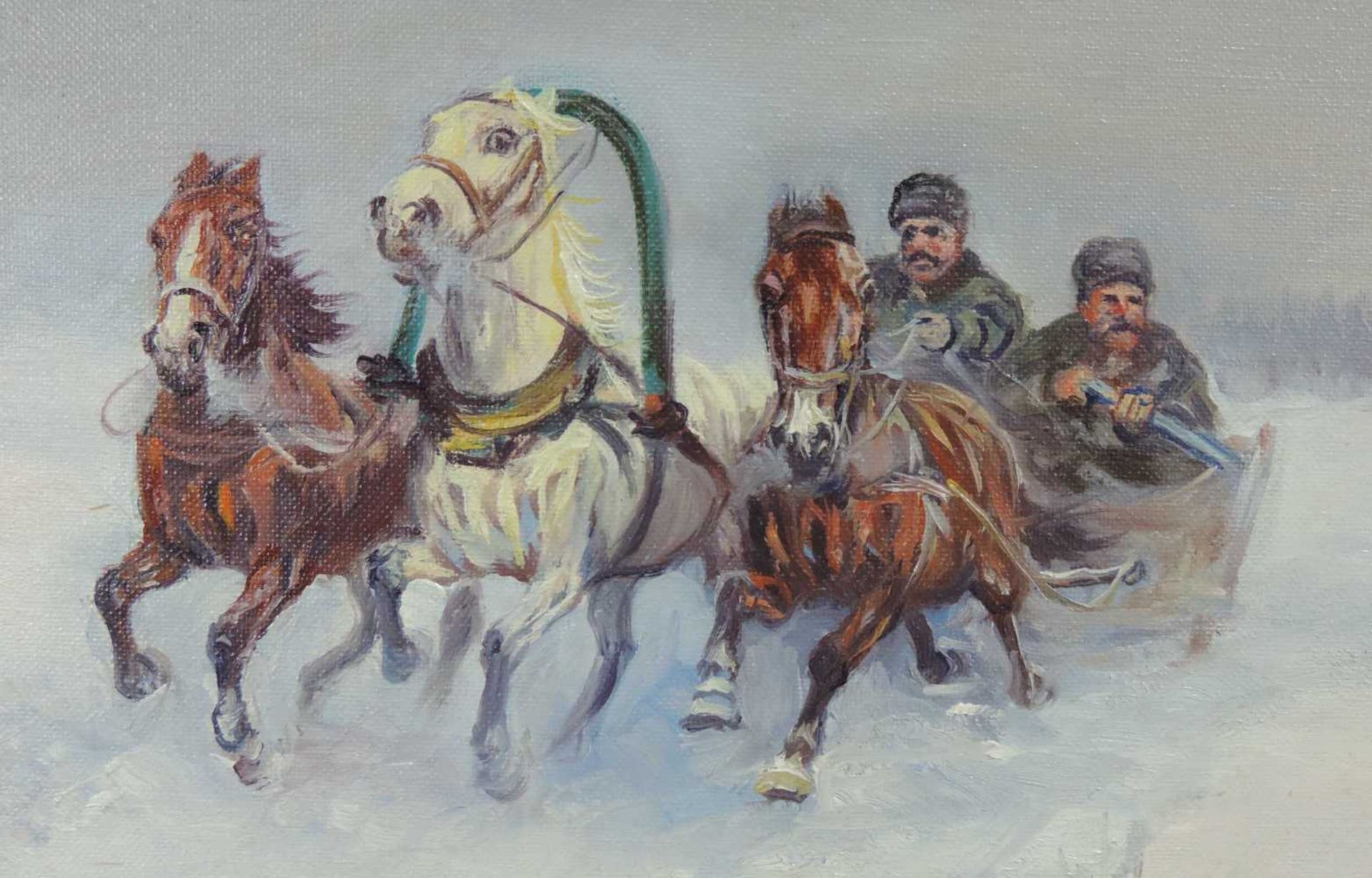 Alexander Scheloumoff (1892 - 1983). Pferdeschlitten in verschneiter Landschaft. 25,5 cm x 60,5 - Bild 4 aus 5