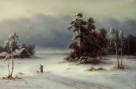 RUSSISCHE SCHULE (XX). Winterlandschaft. 40 cm x 60 cm. Gemälde, Öl auf Leinwand. Unsigniert.