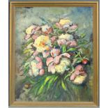 UNDEUTLICH SIGNIERT (XX). Stillleben mit Blumen. 58 cm x 47,5 cm. Gemälde, Öl auf Platte.