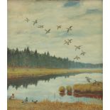 Karl WÄHMANN (1897 - 1981). Enten am Waldsee. 73 cm x 65 cm. Gemälde, Öl auf Tafel. Links unten