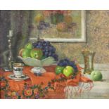 M. SEBBTNER (XIX/XX). Früchtestillleben. Impressionist. 55 cm x 68 cm. Gemälde, Öl auf Pappe. Rechts