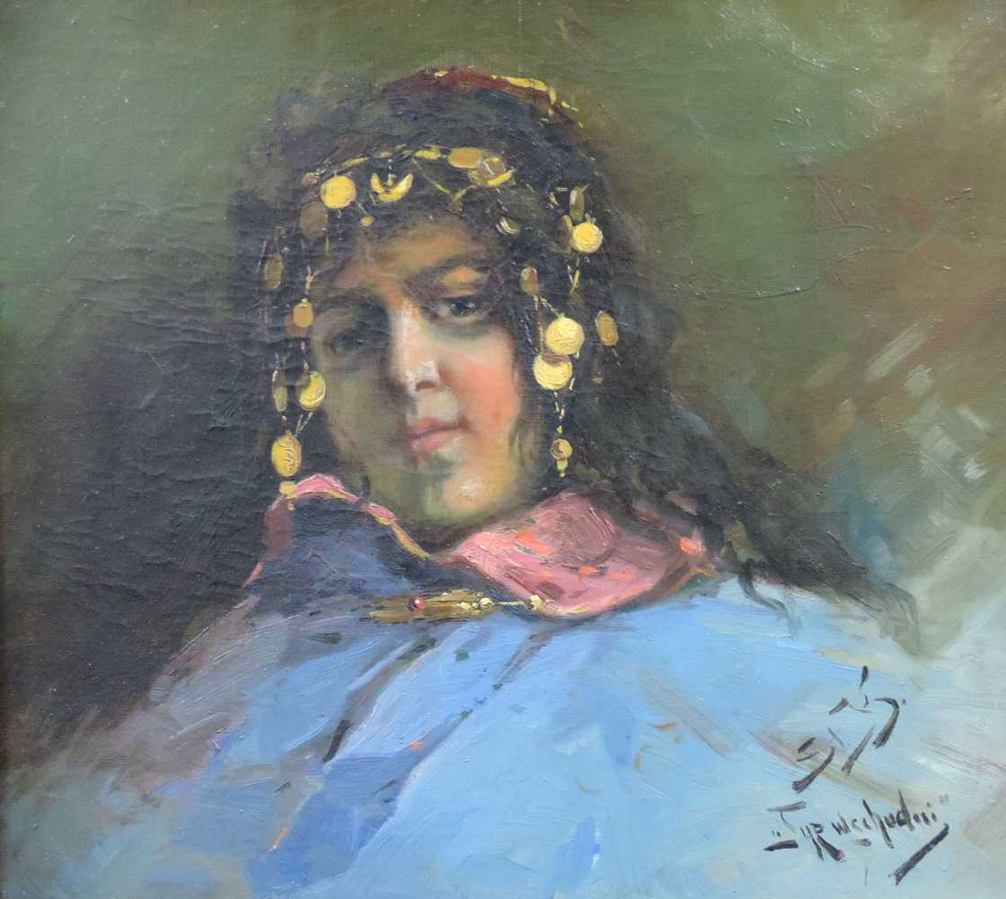 ORIENTALIST (XIX). Portrait einer Frau mit Goldschmuck. 40 cm x 46 cm. Gemälde, Öl auf Leinwand. - Image 2 of 4