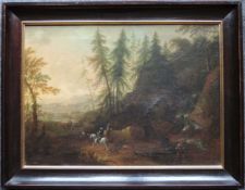 UNDEUTLICH signiert (XVIII - XIX). Reisende auf einem Waldweg. 34 cm x 47 cm. Gemälde. Öl auf