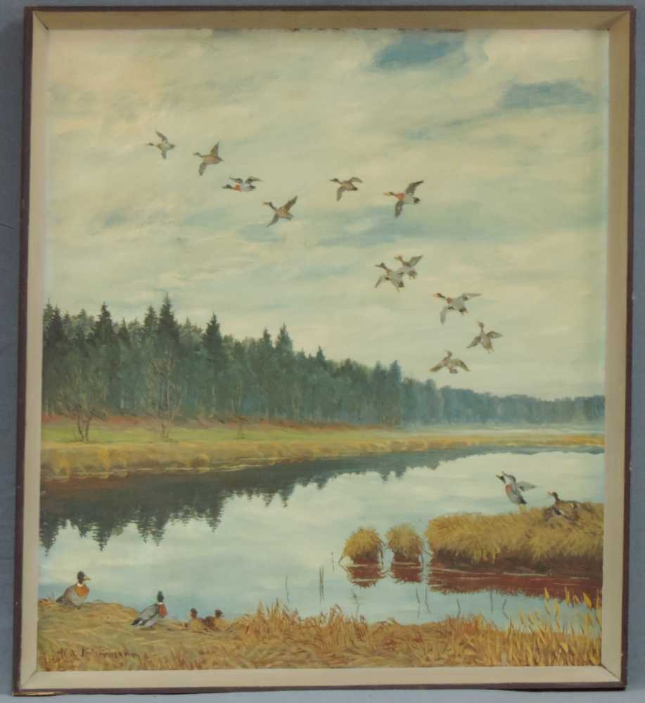 Karl WÄHMANN (1897 - 1981). Enten am Waldsee. 73 cm x 65 cm. Gemälde, Öl auf Tafel. Links unten - Image 2 of 8