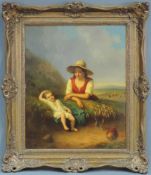 Leendert I DE KONINGH (1777 - 1849). Bäuerin mit Kind im Heu. 62 cm x 50 cm. Gemälde, Öl auf Holz.