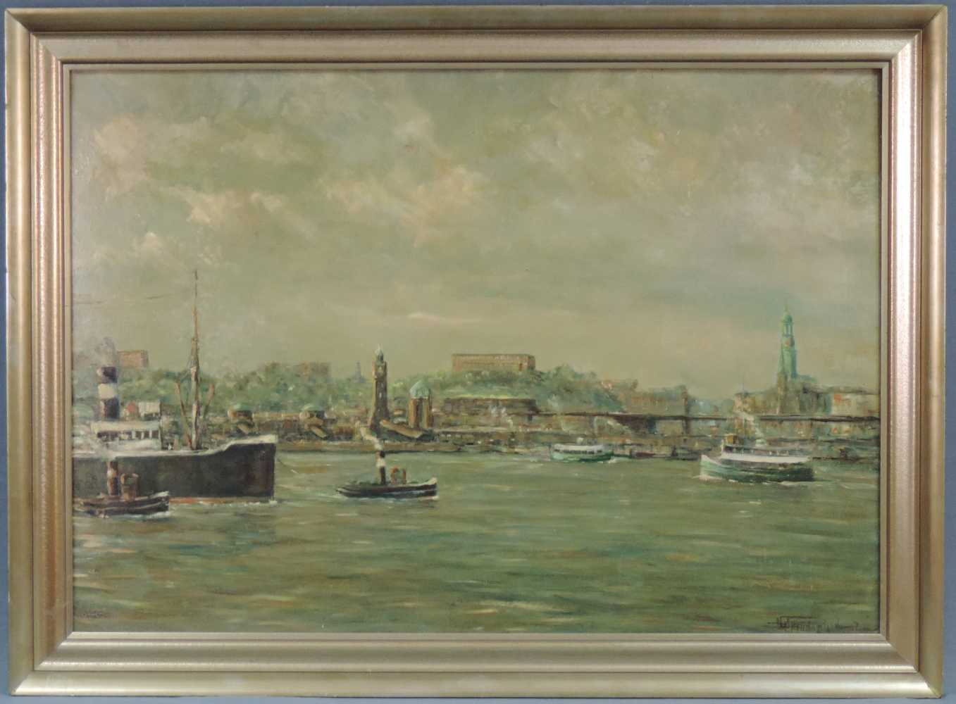Undeutlich signiert (XX). Hafen Hamburg, mit St. Pauli Landungsbrücken und Michel. 70 cm x 100 cm.