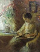 Moricz GOTH (1873 - 1939). Dame bei der Lektüre 1927. 50 cm x 40 cm. Gemälde, Öl auf Holz. Links