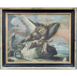 UNBEKANNT (XVIII). Streit um die Beute. Adler, Hase, Schlange. 48 cm x 62 cm. Gemälde, Öl auf