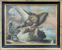 UNBEKANNT (XVIII). Streit um die Beute. Adler, Hase, Schlange. 48 cm x 62 cm. Gemälde, Öl auf