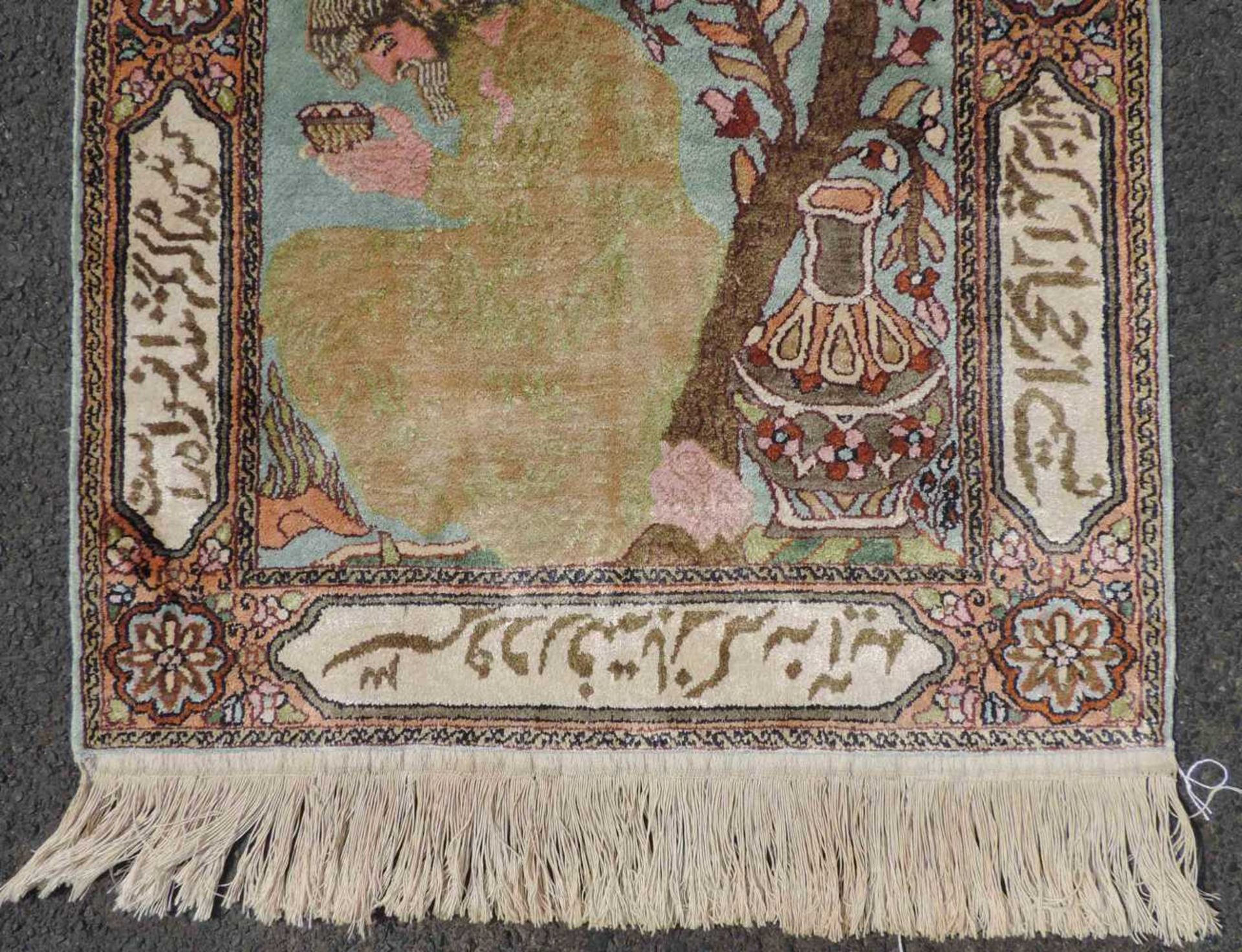 Feiner Bildteppich Seide. Kaschmir, Indien. 95 cm x 65 cm. Handgeknüpft. Flor reine Seide. Guter - Bild 2 aus 7