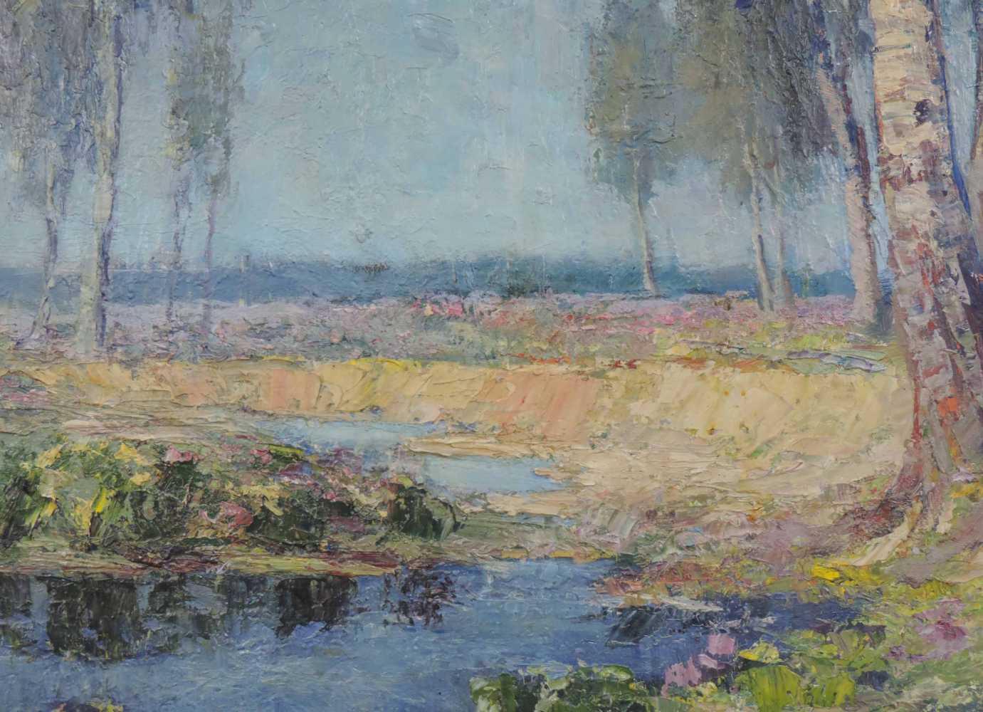 Julius OBST (1878 - 1939) zugeschrieben. Sumpf mit Seerosen und Birken. 85 cm x 70 cm. Gemälde, Öl - Image 5 of 7