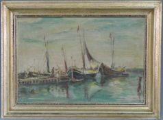 Russische Schule 1940. Segelboote am Anleger. 40 cm x 59 cm. Gemälde, Öl auf Leinwand. Rechts
