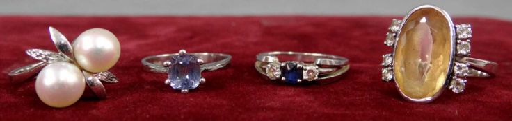 4 Damenringe. 585 Weißgold. Auch Diamanten, Zuchtperlen und Saphir. Schmuck weist Trage- und