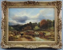 G.B. WILLCOCK (XIX). Pferdefuhrwerk an der Wasserstelle. 37 cm x 51 cm. Gemälde, Öl auf Leinwand.