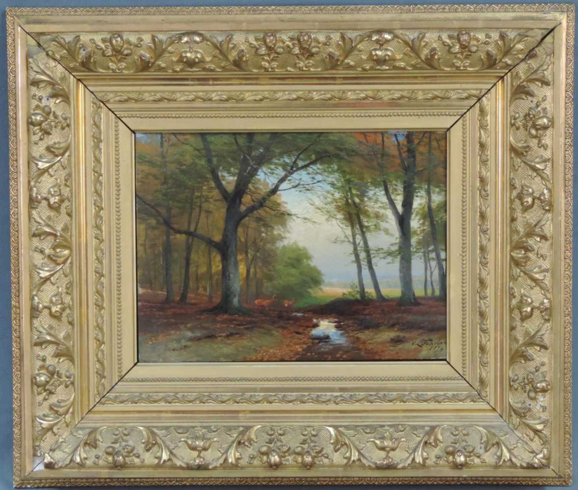 Carl Ludwig FAHRBACH (1835 - 1902). Rehe am Waldbach 1894. 36 cm x 44 cm. Gemälde, Öl auf Holz.