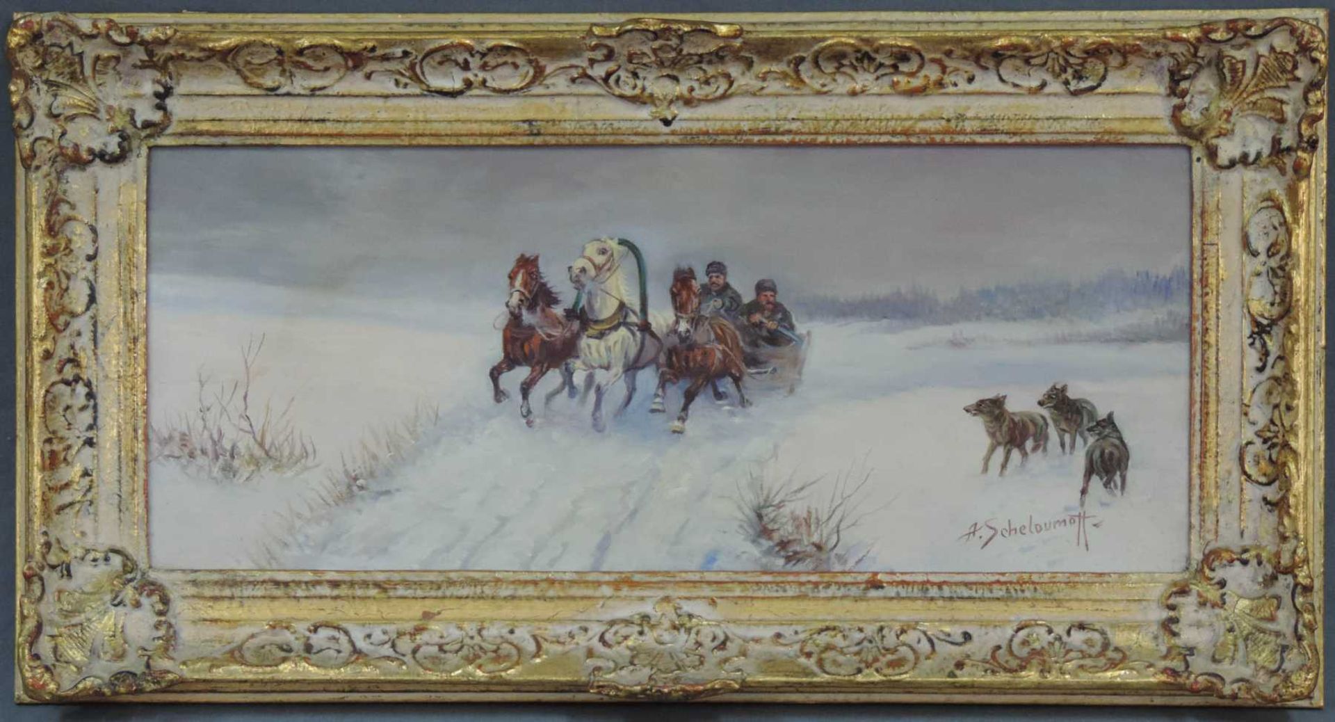 Alexander Scheloumoff (1892 - 1983). Pferdeschlitten in verschneiter Landschaft. 25,5 cm x 60,5