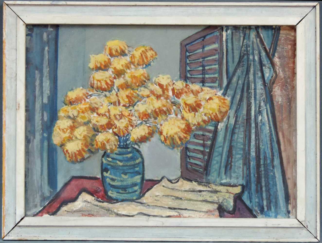 Franz BAUER (XX). Blumen in blauer Vase. Expressionist Anfang 20. Jahrhundert. 70 cm x 50,5 cm.