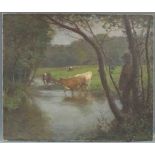 Julius Hugo BERGMANN (1861 - 1940). Kuhhirten mit Vieh am Fluss. 96 cm x 114 cm. Gemälde, Öl auf