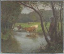 Julius Hugo BERGMANN (1861 - 1940). Kuhhirten mit Vieh am Fluss. 96 cm x 114 cm. Gemälde, Öl auf