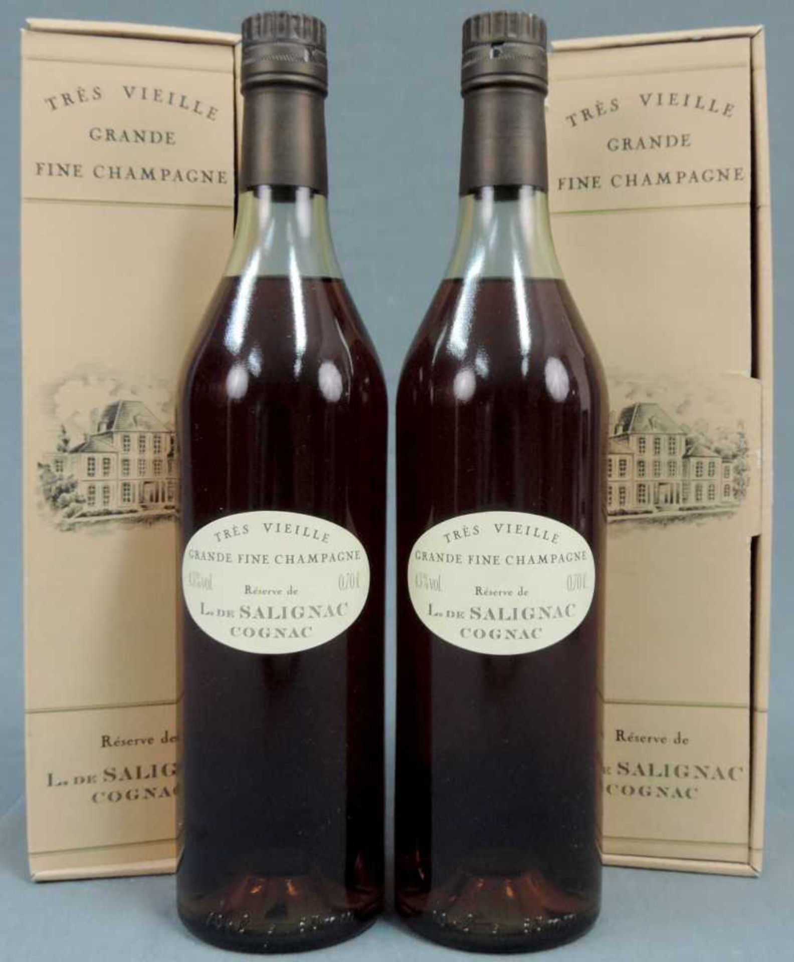 2 Flaschen Très Vieille Grand fine Champagne, Reserve de L. de Salignac Cognac. 43% 70cl. In