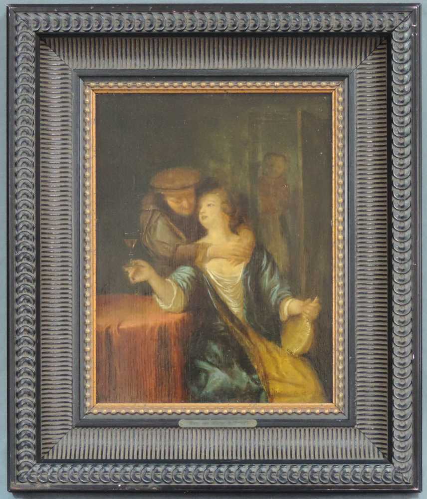 Frans I VAN MIERIS (1635-1681) zugeschrieben. Lustvolles werben und Voyeur. 33 cm x 25 cm.