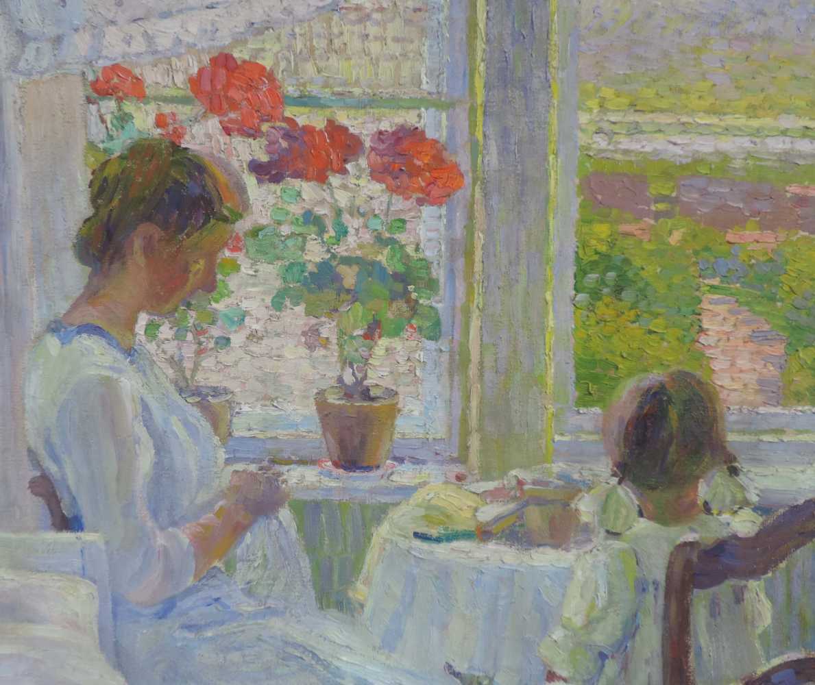 Pointilist um 1900. Mutter mit Tochter bei der Handarbeit am Fenster. 80 cm x 74 cm. Gemälde, Öl auf - Image 2 of 8