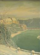 Karl WÄHMANN (1897 - 1981). Schlossanlage am Fluss. 50 cm x 38 cm. Gemälde, Öl auf Tafel. Links