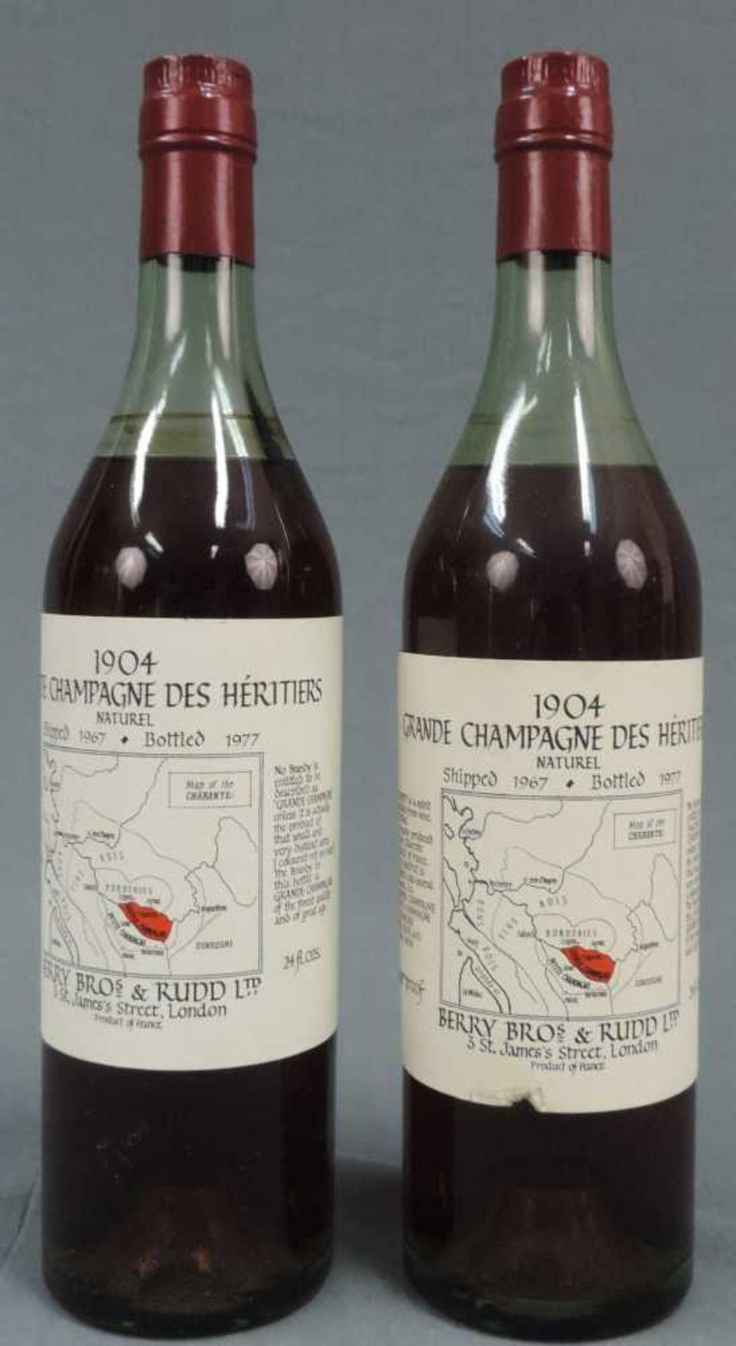 BERRY BROS 1904 GRANDE CHAMPAGNE DES HERITIERS COGNAC. 24fl.ozs. 68°proof. 2 ganze Flaschen. BERRY