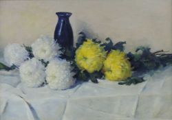 Karl MERGELL (1870 - 1944). Stillleben mit Chrysanthemen. 70 cm x 100 cm. Gemälde. Öl auf