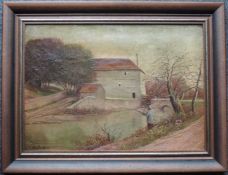 UNDEUTLICH signiert (XIX). Mühle am Fluss. 31 x 45 cm. Gemälde. Öl auf Leinwand. Unten links