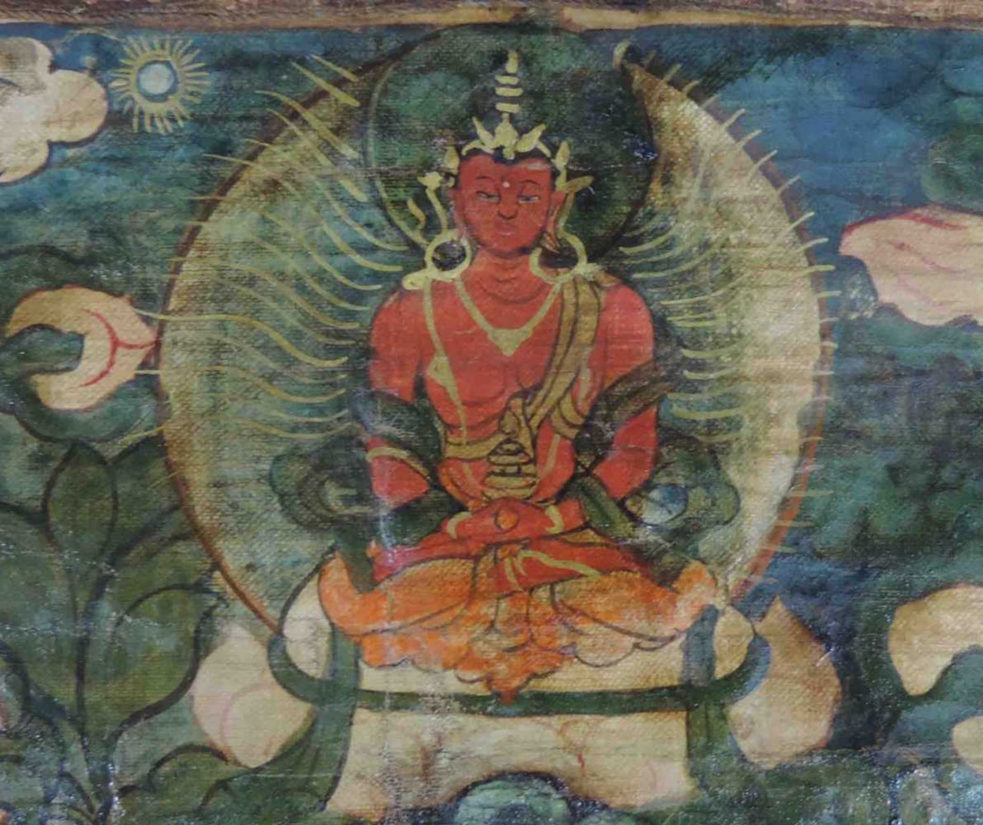 Thangka. Wohl Darstellung der weißen Tara mit der typischen Mudra. 71 cm x 52 cm gesamt. Auf - Bild 3 aus 5