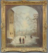 UNDEUTLICH SIGNIERT (XX). Winterliche Stadtansicht. 80 cm x 70 cm. Gemälde. Öl auf Leinwand. Links