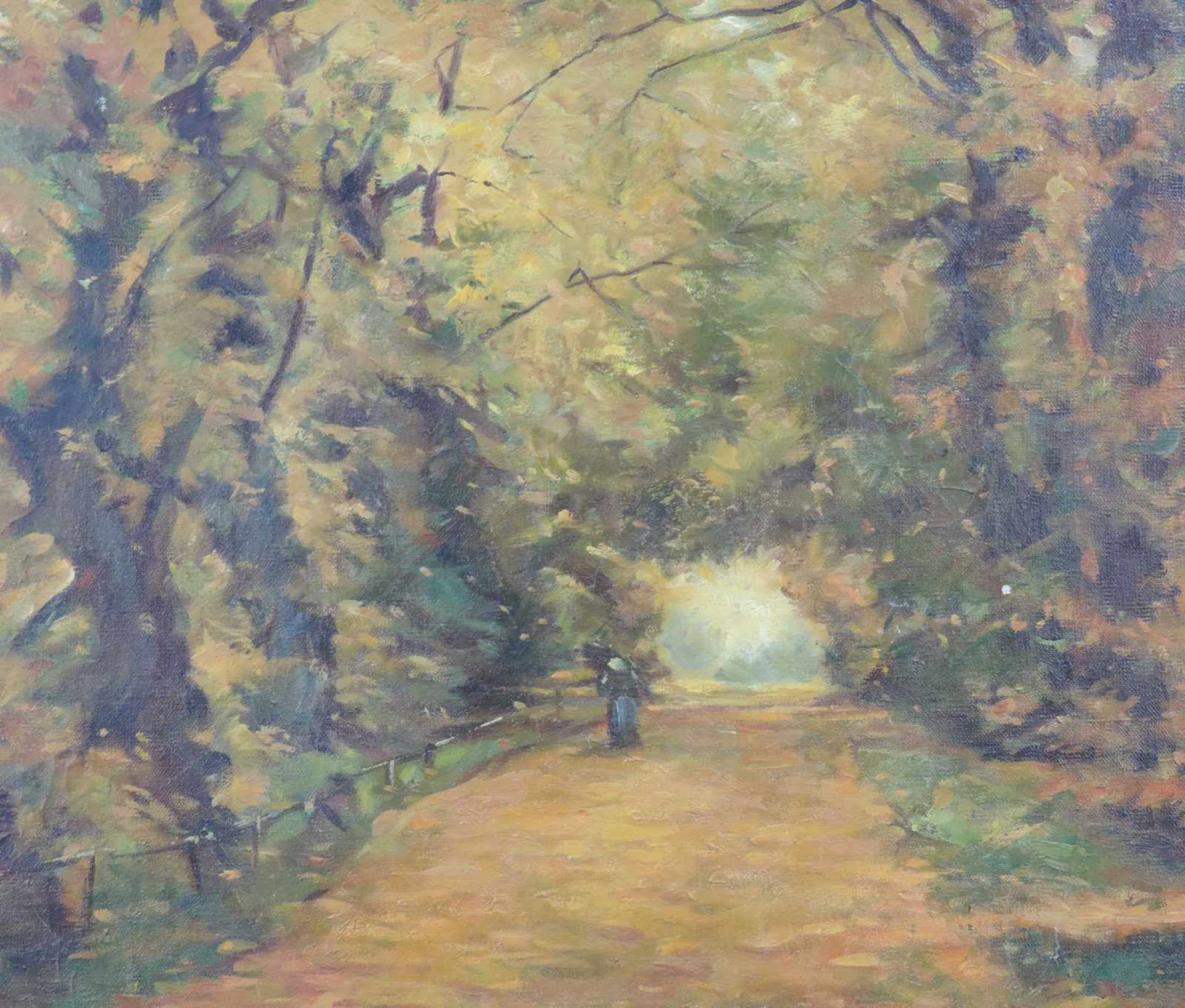 UNLESERLICH SIGNIERT (XX). Herbstlicher Waldweg. 80 cm x 60 cm. Gemälde. Öl auf Leinwand. - Image 3 of 6