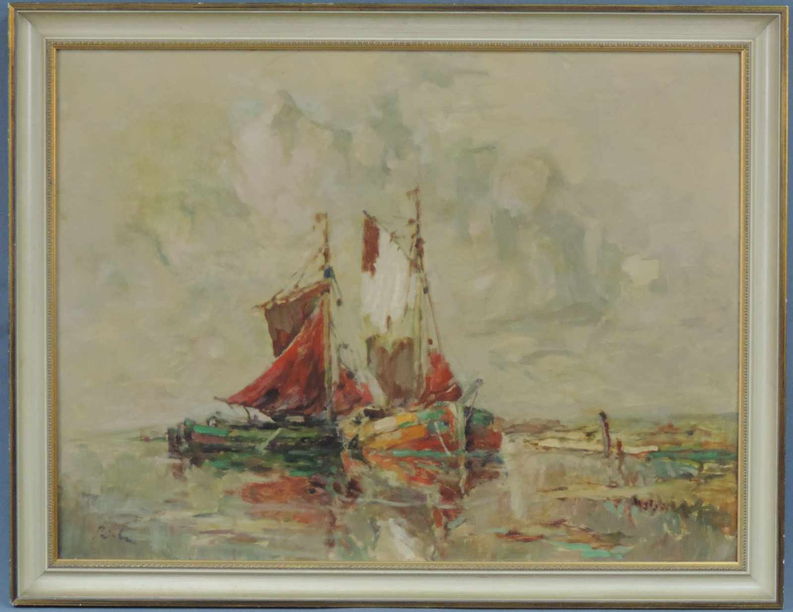 Rudolf PRIEBE (1889 - 1964). Segelschiffe am Kai. 60 cm x 80 cm. Gemälde. Öl auf Leinwand. Links