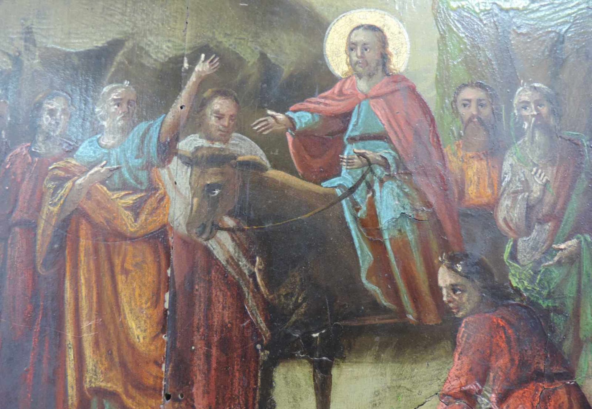 Ikone. Jesus Einzug in Jerusalem. Wohl Russland 18. / 19. Jahrhundert. 41 cm x 25 cm. Gemälde. - Bild 4 aus 10