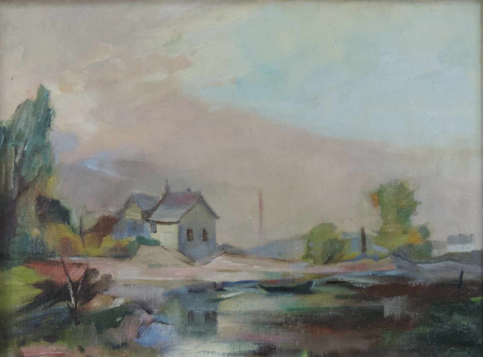 Gretchen WOHLWILL (1878 - 1962). Häuser am Wasser. 39 cm x 52,5 cm. Gemälde. Öl auf Leinwand.