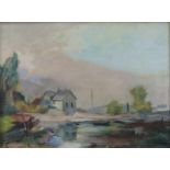 Gretchen WOHLWILL (1878 - 1962). Häuser am Wasser. 39 cm x 52,5 cm. Gemälde. Öl auf Leinwand.