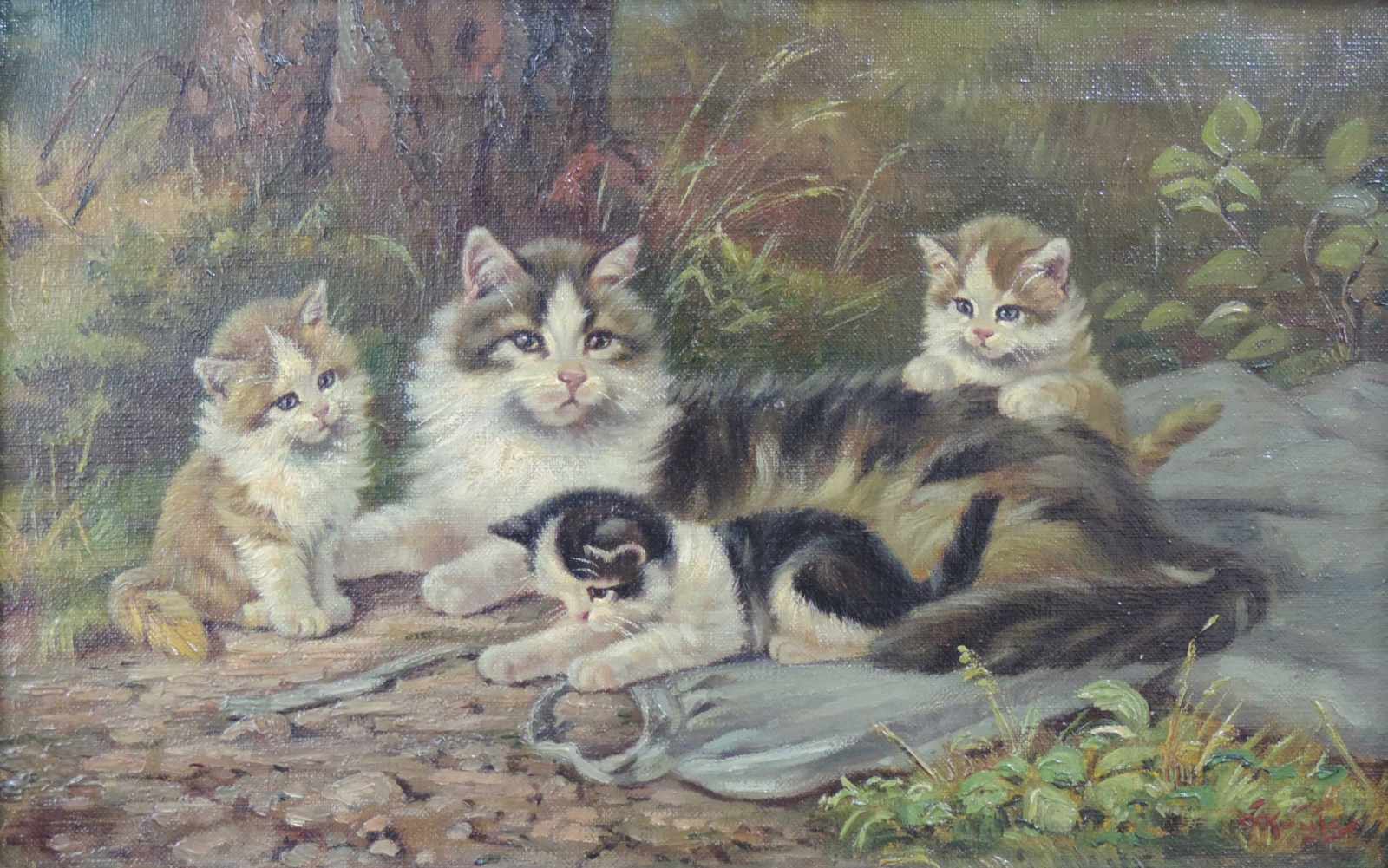 Benno KÖGL (1892 - 1973). Katzenmutter mit drei Kätzchen. 28,5 cm x 44 cm. Gemälde. Öl auf Leinwand. - Image 4 of 6
