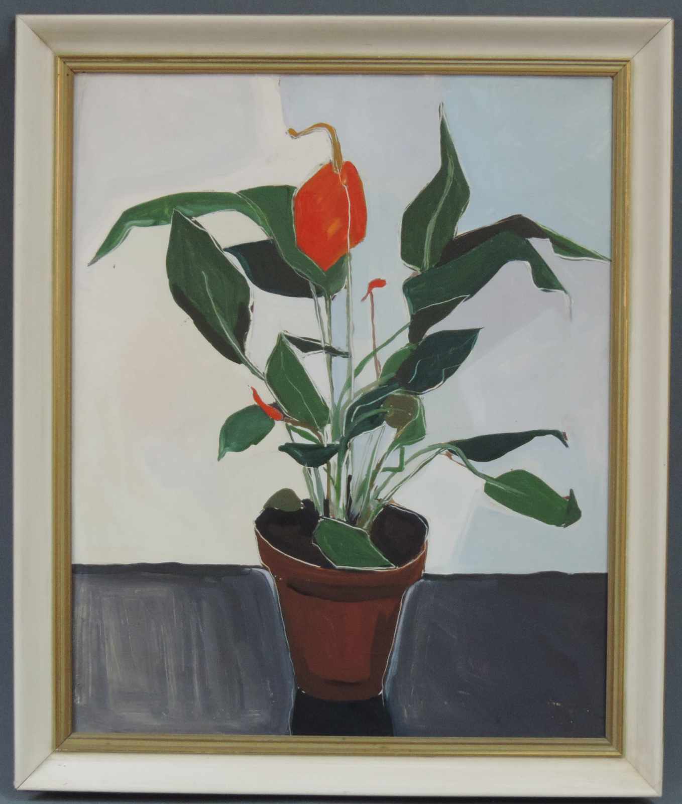 Undeutlich Signiert (XX). Blume in einem Topf. 67 cm x 55 cm. Gemälde. Öl auf Platte. Rechts unten