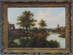 Hendrik Barend KOEKKOEK (1849 - 1909). Idyllische Szene am Flussufer. 61 cm x 92 cm. Gemälde. Öl auf