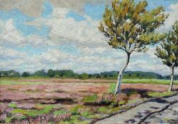 Emmy MEYER (c.1866 - 1940). Landstraße mit Birken und Heide. Worpswede 1931. 50 cm x 70 cm. Gemälde.