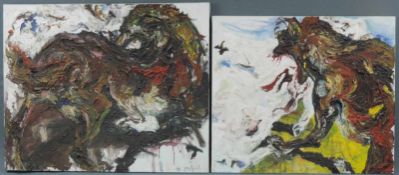 Undeutlich Signiert (XX). "Dann wohnt der Wolf beim Lamm." 2 Gemälde von 1998. Bis 80 cm x 96 cm. Je