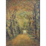 UNLESERLICH SIGNIERT (XX). Herbstlicher Waldweg. 80 cm x 60 cm. Gemälde. Öl auf Leinwand.