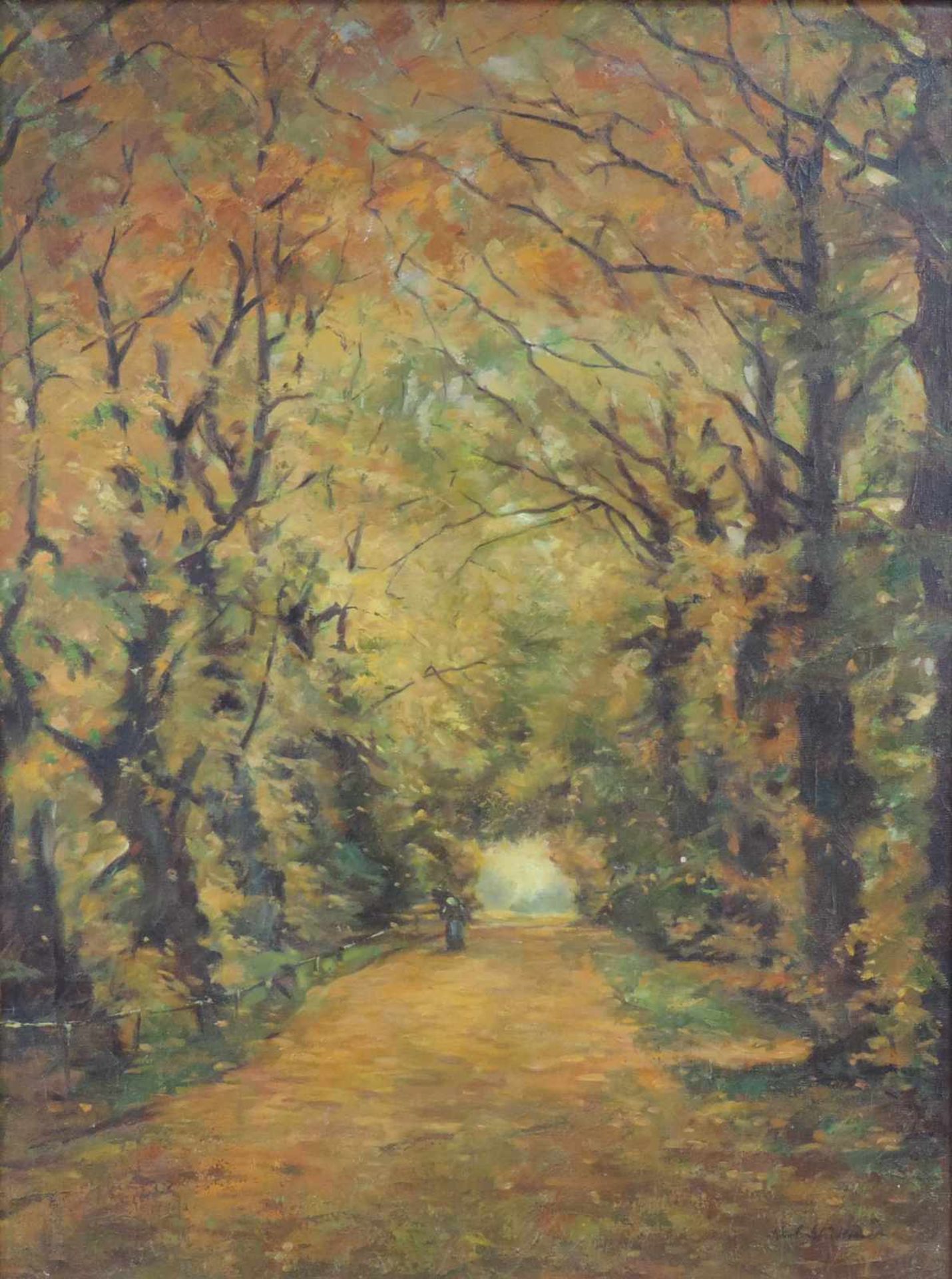 UNLESERLICH SIGNIERT (XX). Herbstlicher Waldweg. 80 cm x 60 cm. Gemälde. Öl auf Leinwand.