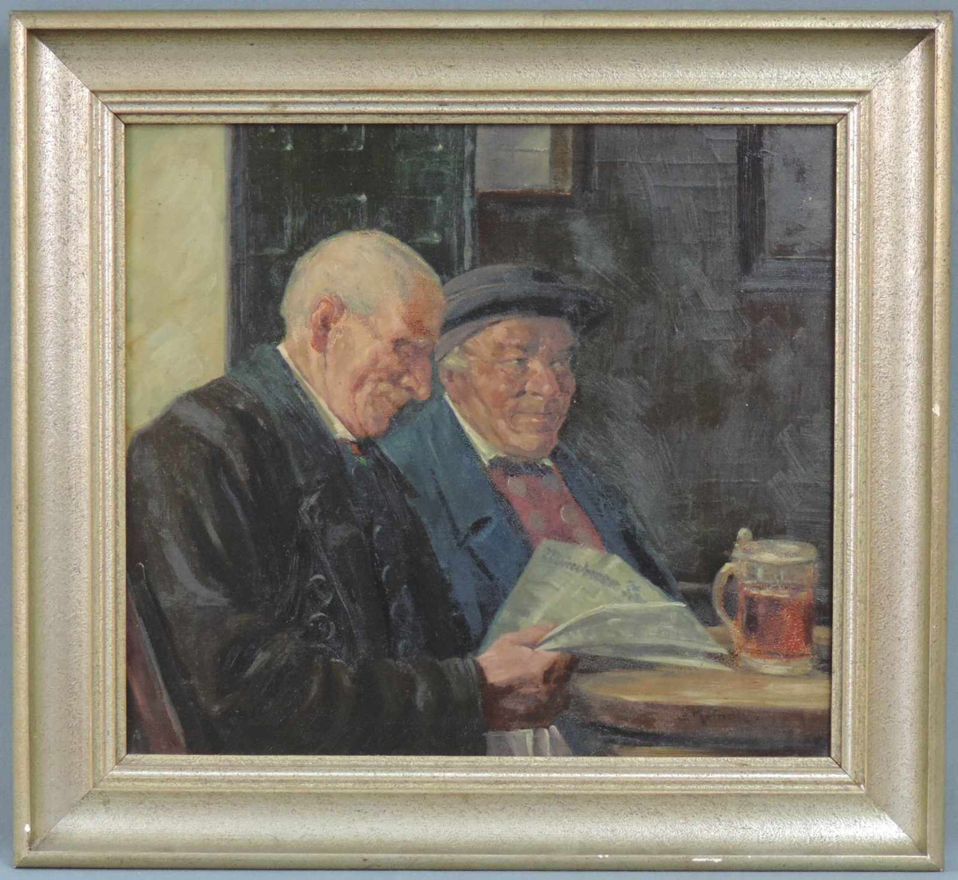 UNDEUTLICH SIGNIERT (XX). Zwei Bayern mit Nachrichten und Bier. 36 cm x 40 cm. Gemälde. Öl auf