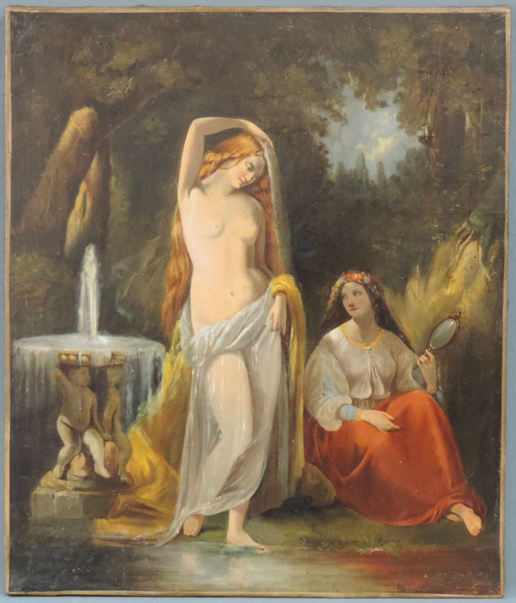 UNDEUTLICH SIGNIERT (XIX). Venus im Bade. 55 cm x 46 cm. Gemälde. Öl auf Leinwand. Passend zur