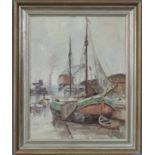Evert PIETERS (1856 - 1932). Plattbodenschiff im Hafen. 50 cm x 39,5 cm. Gemälde. Öl auf Leinwand.