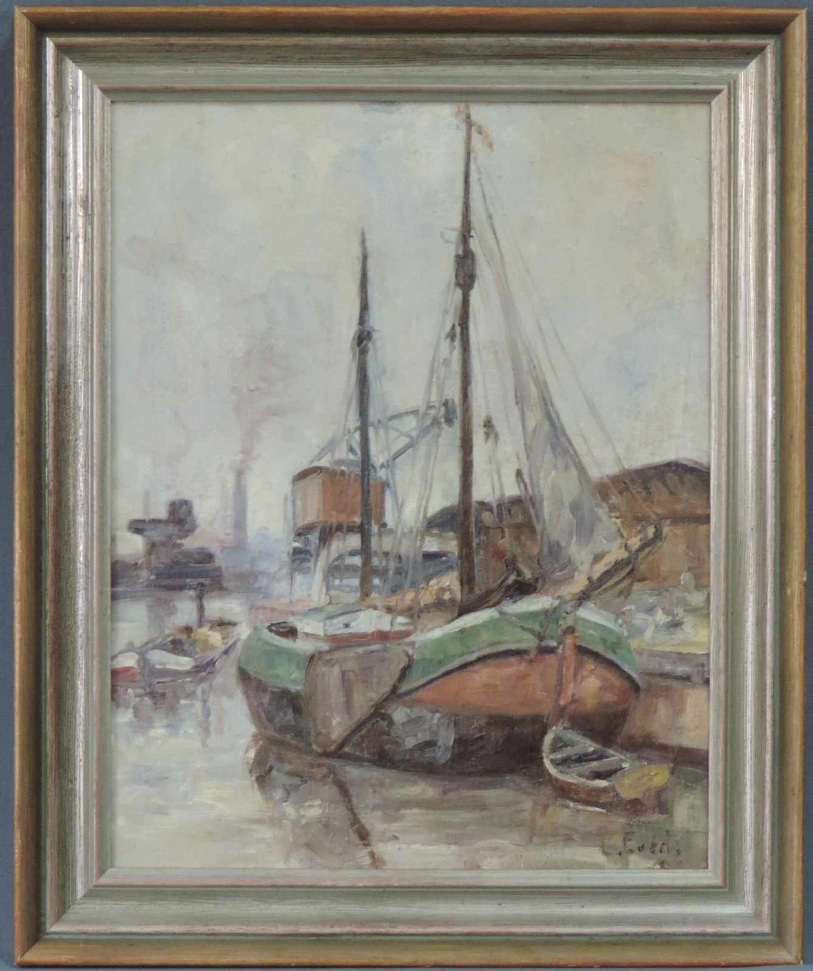 Evert PIETERS (1856 - 1932). Plattbodenschiff im Hafen. 50 cm x 39,5 cm. Gemälde. Öl auf Leinwand.