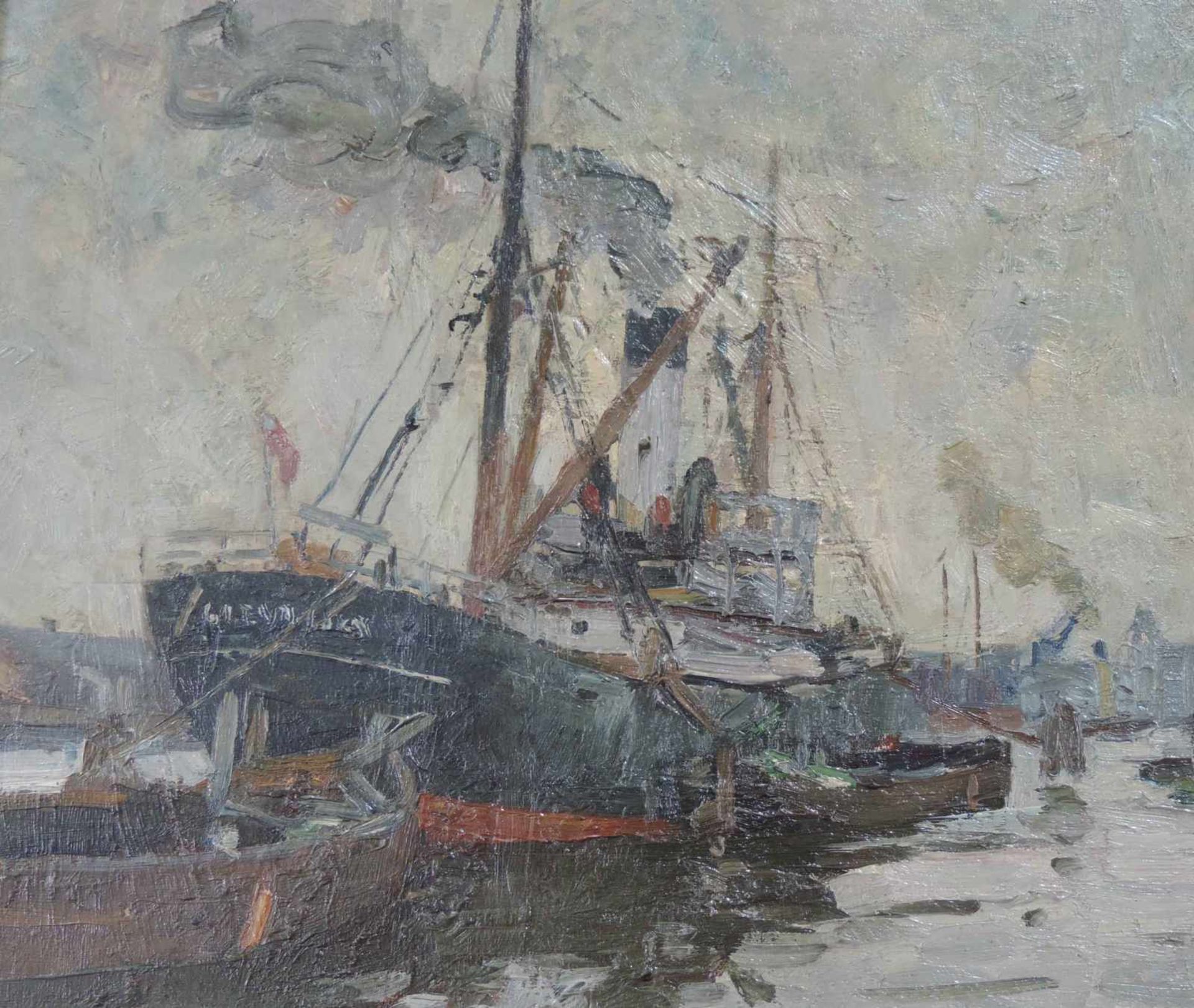 Eugene DEKKERT (1865 - 1956). "English Steamer in German Port". 37 cm x 41 cm. Gemälde. Öl auf - Image 4 of 10