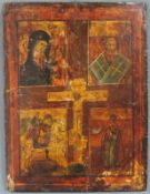 Ikone. Maria mit Kind, Josef, Georg, Apostel und mittig Christus am Kreuz. 27 cm x 20 cm. Gemälde.